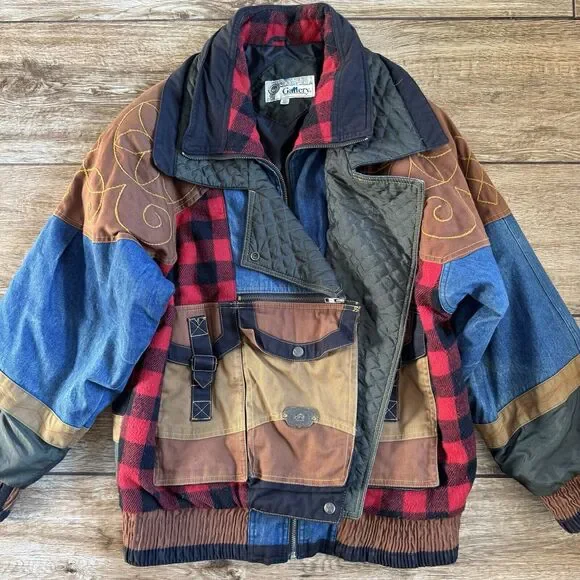 Patchwork Jacket XS Plaid Denim Pockets Cowboy Western Vintage - Picture 3 of 15